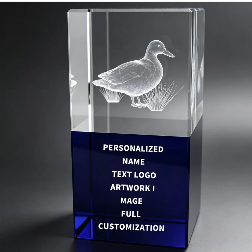 Duck 3D Engraved Blue Base Crystal Trophy high quality